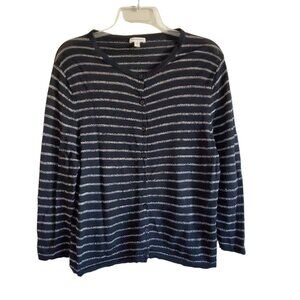 Garnet Hill 100% Merino Wool Black and White Strip Button Up Cardigan Large